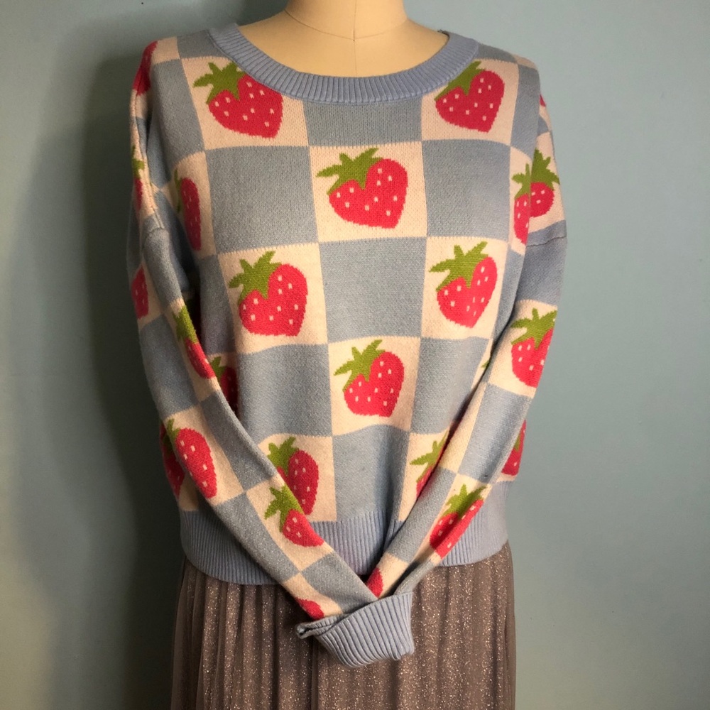 Debut Sweet Strawberry Blue Check Cropped Sweater Sm/Md Anthropologie